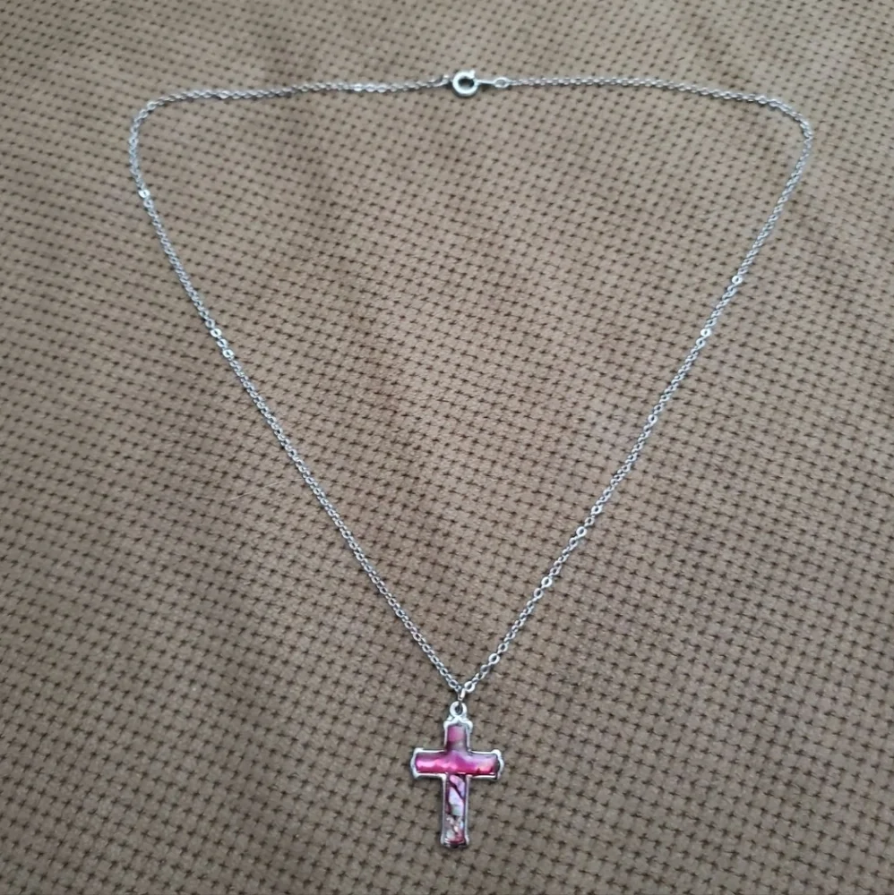 Cross Pendant Necklace Pink Mother Of Pearl Silver Tone